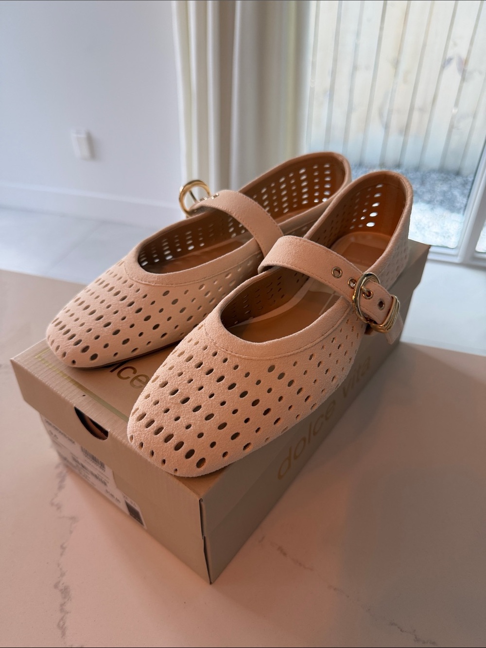 Dolce Vita Cream Mary Jane Perforated Flats with Gold Buckle